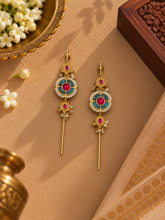 Gold-Tone German Silver Pink & Turquoise Kundan Long Earcuff