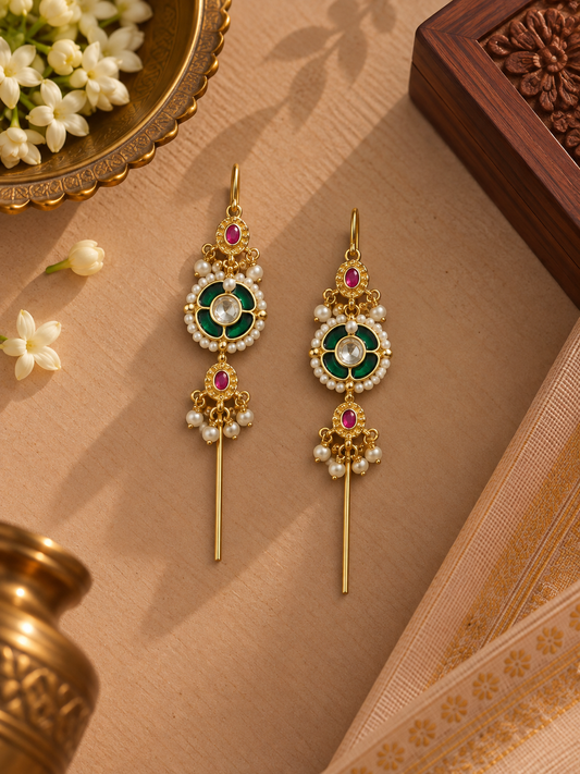 Gold-Tone German Silver Green & Pink Kundan Bugadi Ear Cuffs – Pair
