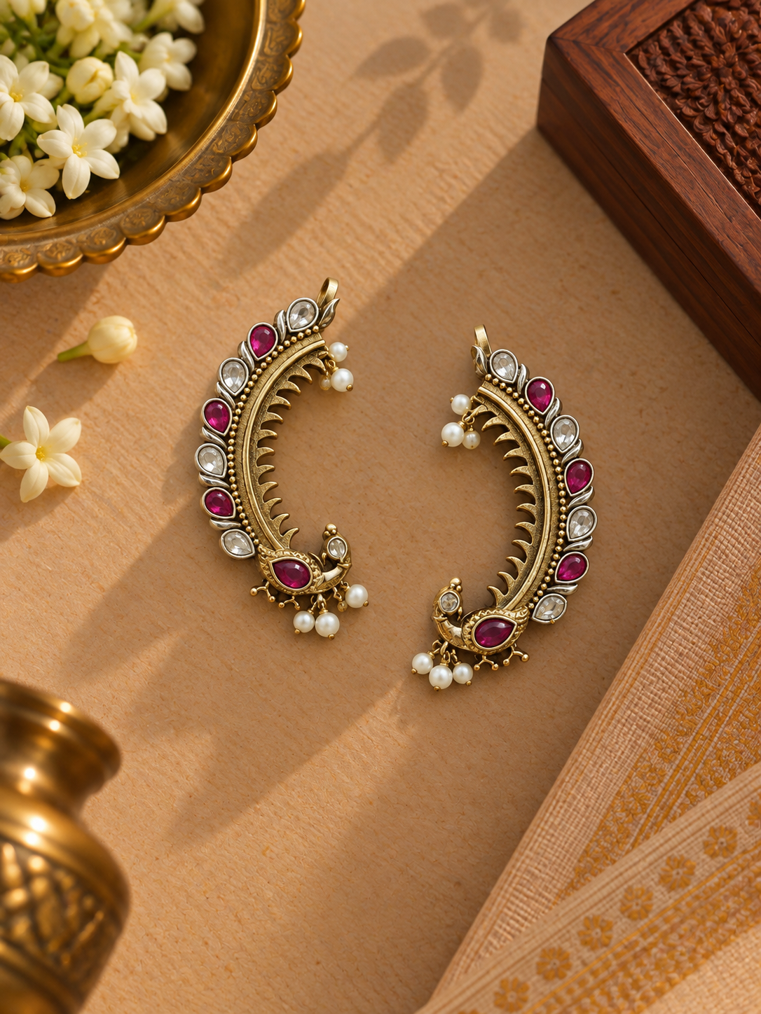 Dual-Tone German Silver Pink Kundan Peacock Ear Cuffs – Pair