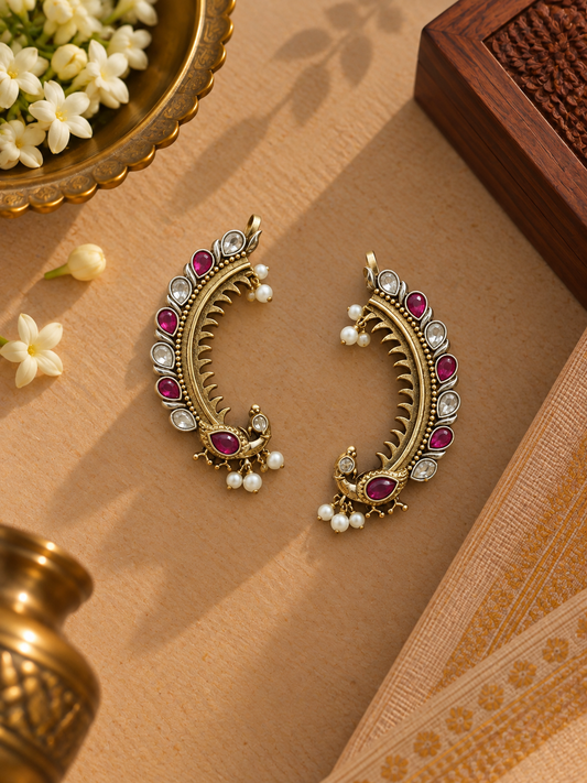 Dual-Tone German Silver Pink Kundan Peacock Ear Cuffs – Pair