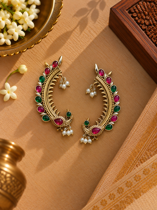 Gold-Tone German Silver Pink & Green Peacock Ear Cuffs – Pair