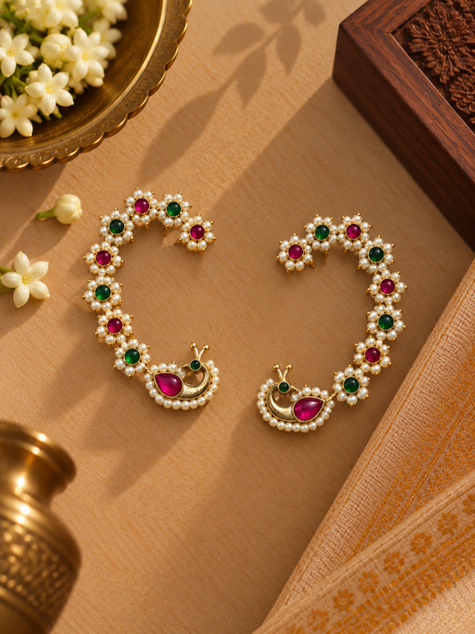 Gold-Tone German Silver Pink & Green Pearl Peacock Ear Cuffs – Pair