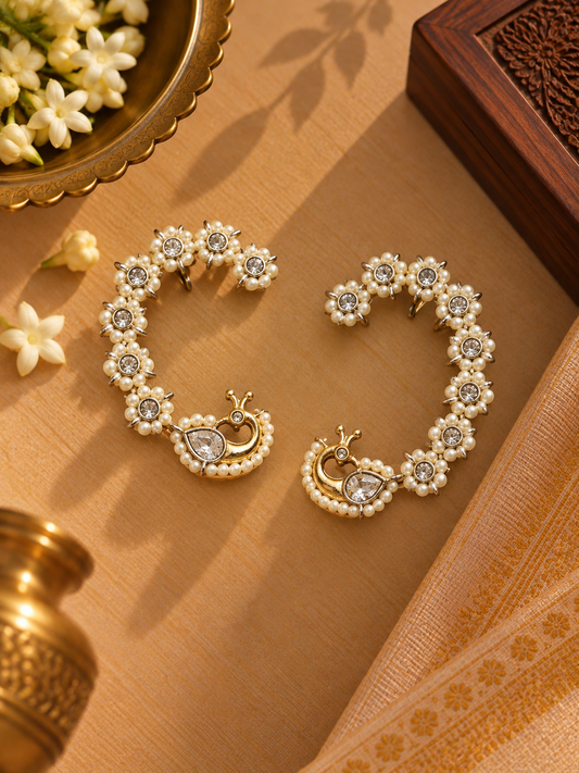 Dual-Tone German Silver Diamond Pearl Peacock Ear Cuffs – Pair