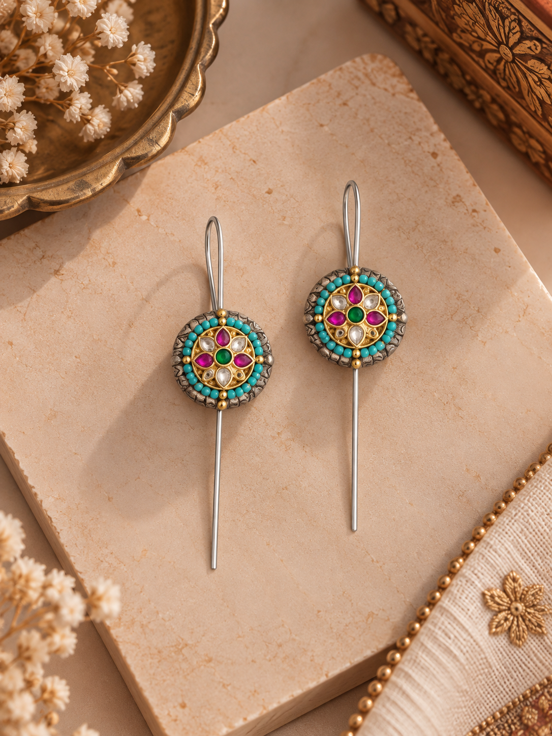 Dual-Tone German Silver Multicolour Kundan Ear Cuffs with Turquoise Beads – Pair