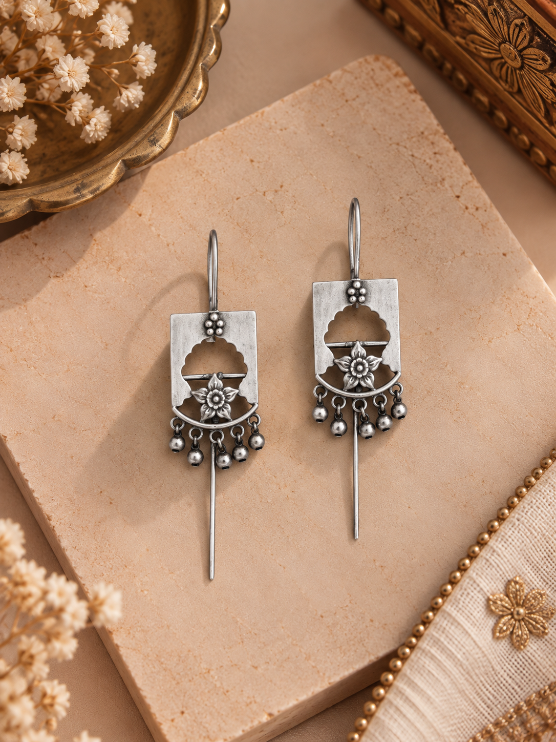 Oxidised German Silver Floral Ghungroo Ear Cuffs – Pair