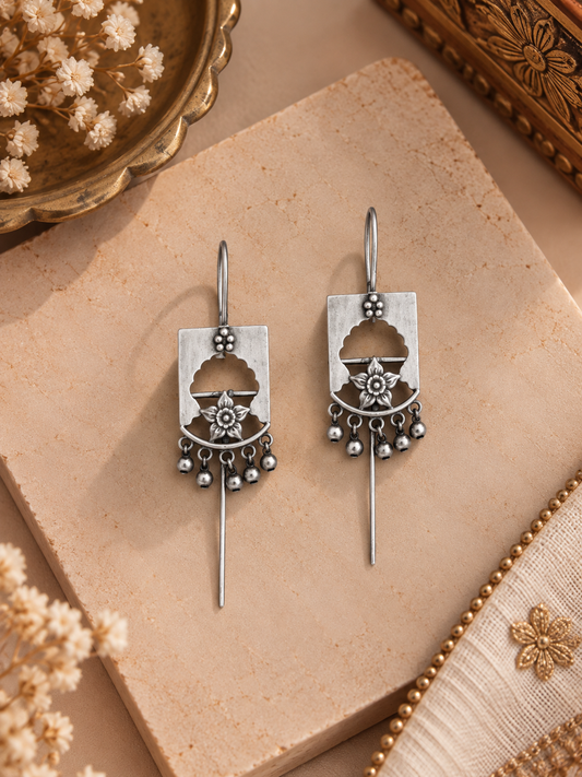 Oxidised German Silver Floral Ghungroo Ear Cuffs – Pair