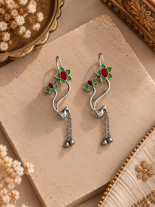 Oxidised German Silver Red & Green Floral Bird Earrings