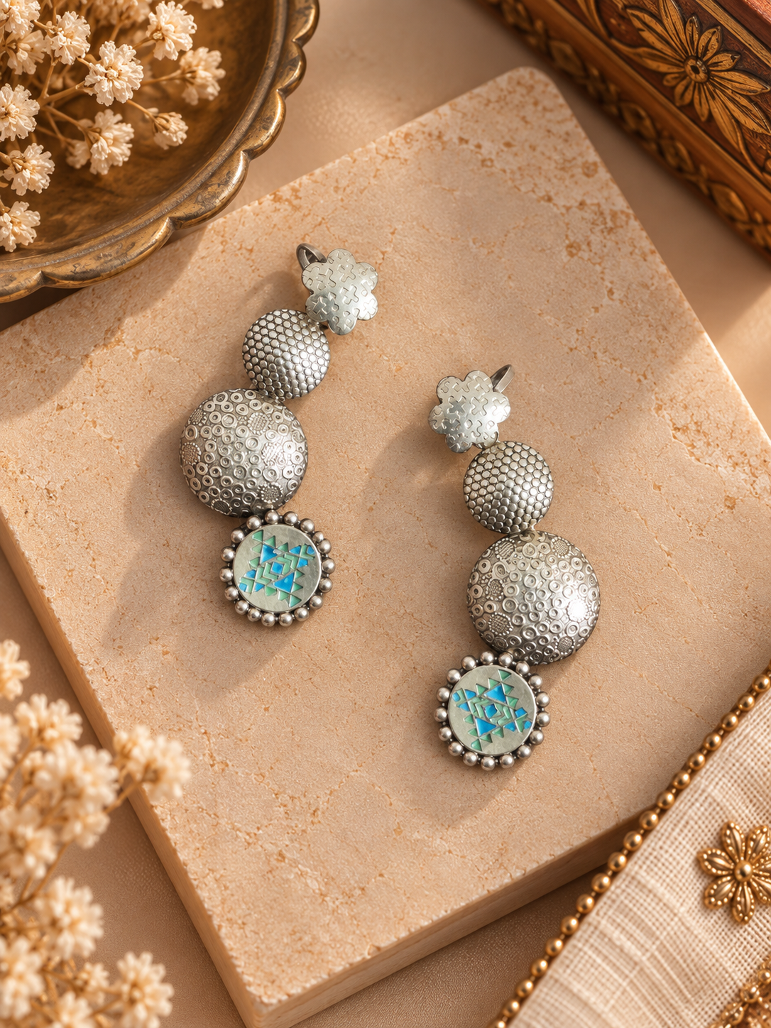 Oxidised German Silver Turquoise Enamel Ear Cuffs – Pair
