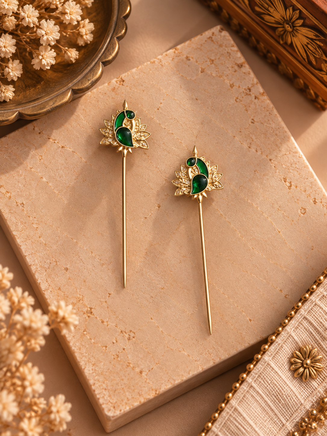 Gold-Tone German Silver Green Stone Peacock Ear Cuffs – Pair