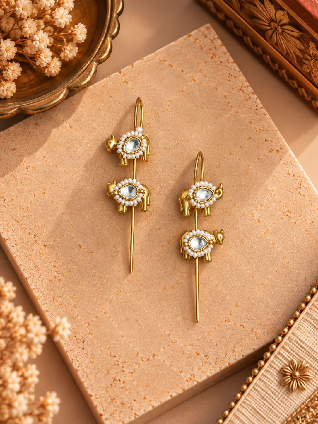 Gold-Tone German Silver White Kundan Nandi Ear Cuffs – Pair