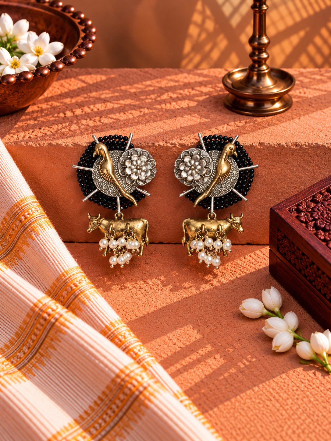 Dual-Tone German Silver Black Beaded Peacock Nandi Earrings