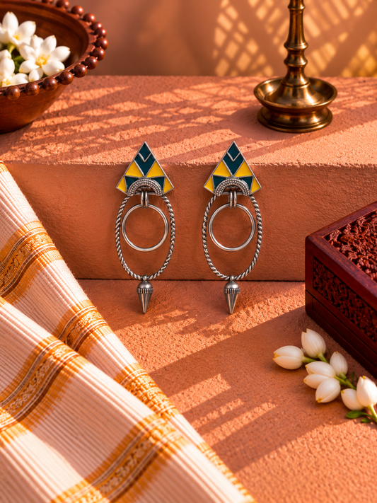 Oxidised German Silver Teal & Yellow Geometric Hoop Earrings