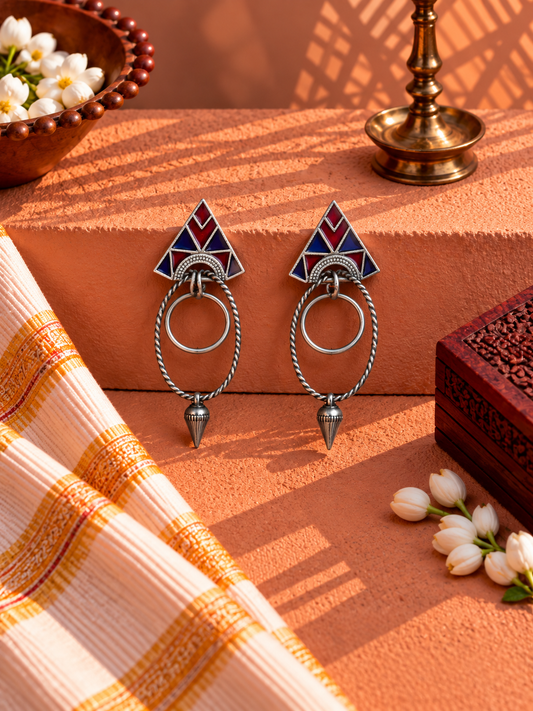 Oxidised German Silver Maroon & Blue Geometric Hoop Earrings