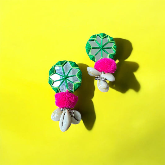 Green & Pink Pom‑Pom Shell Thread‑Work Earrings – Handmade Statement Jewelry