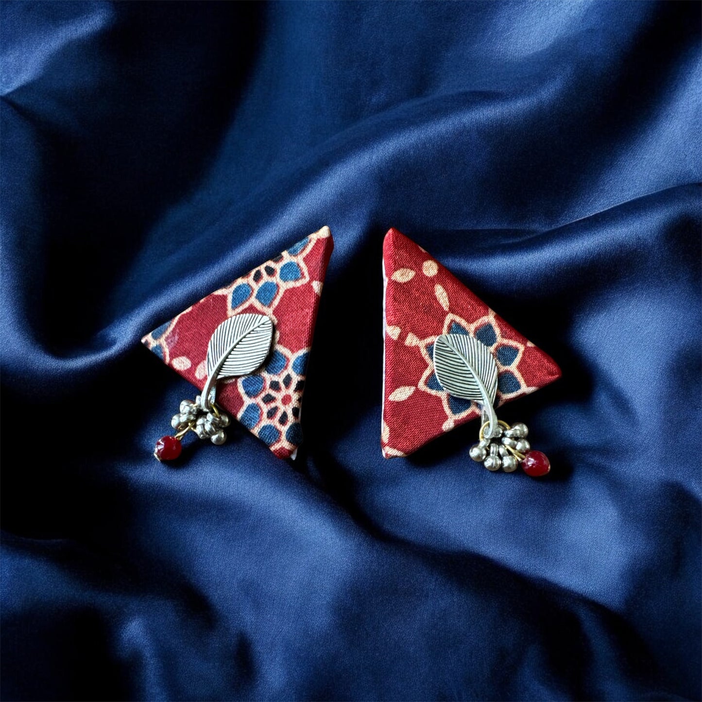Handmade Ajrakh‑Print Dangle Earrings with Oxidised Leaf Accent
