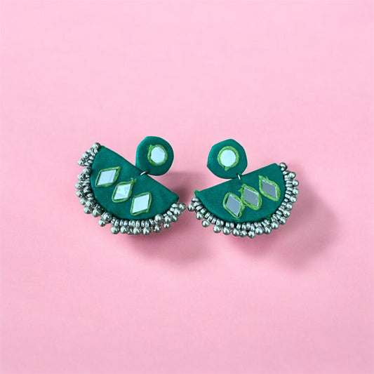 Handmade Green Mirror‑Work Half‑Round Dangle Earrings