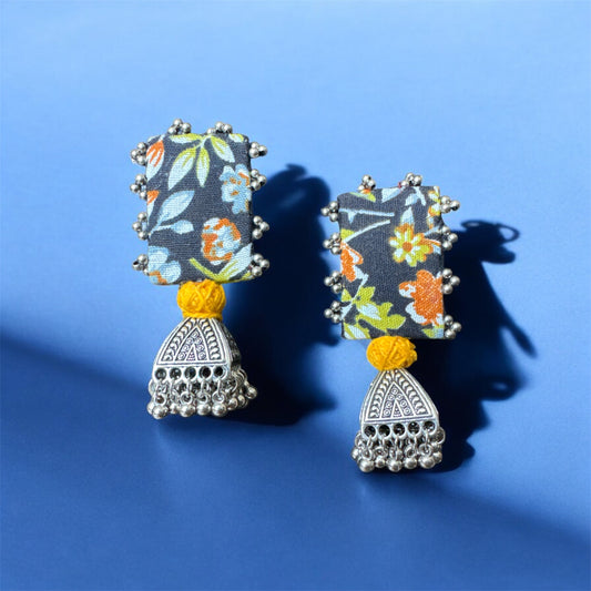 Handmade Oxidised Jhumka Earrings with Printed Square Accent