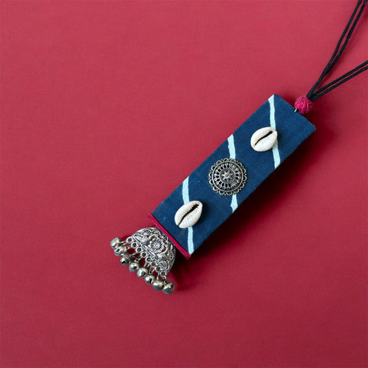 Handmade Ajrakh‑Print Neckpiece with Shell & Oxidised Charm