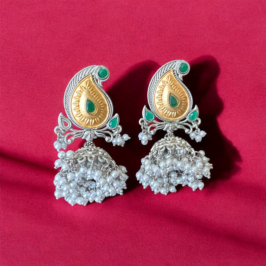 Oxidised Dual‑Tone Silver & Gold Jhumka Earrings with Pearl Fringe