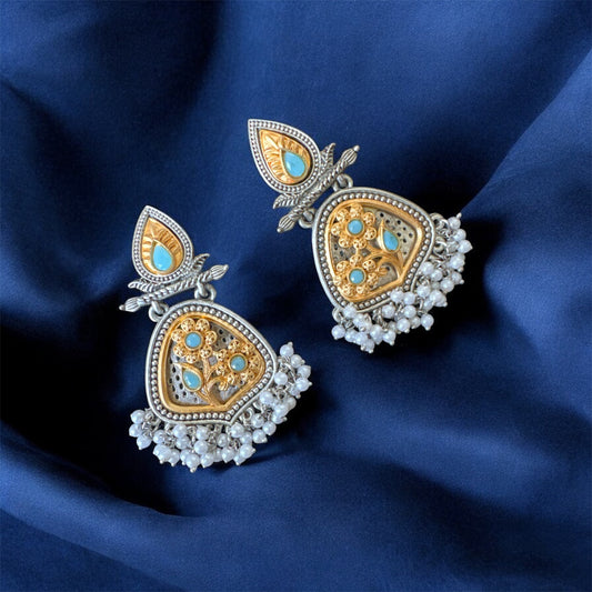 Oxidised Dual‑Tone Silver & Gold Earrings