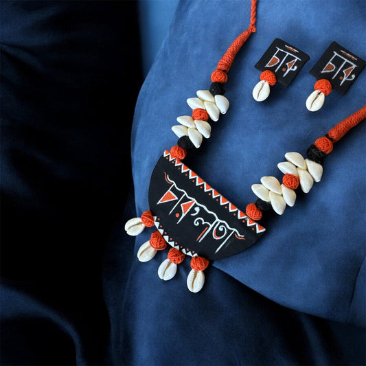 Hand‑Painted Half‑Round Amader “Charulata” Necklace with Earrings Pearls & Orange Thread