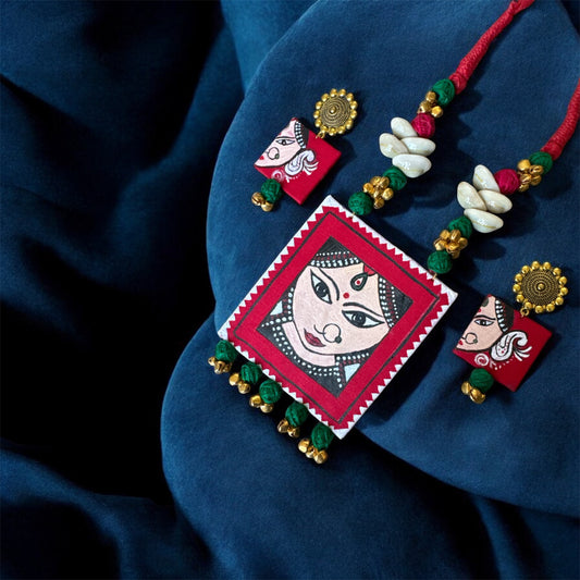 Hand‑Painted Amba Maa Necklace & Matching Earrings – Artisan Devotional Jewelry