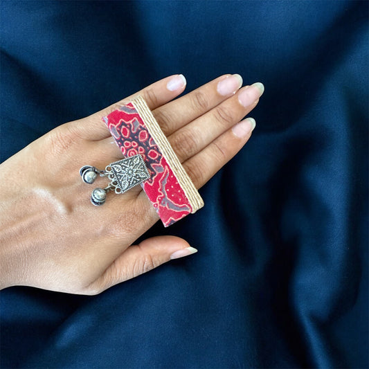 Handmade Ajrakh‑Print Oxidised Reactangle Ring – Artisan Statement Jewelry