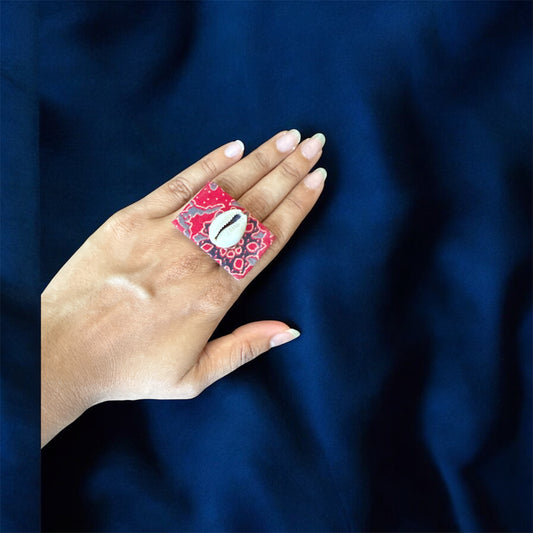 Handmade Ajrakh‑Print Square Ring with Pearl