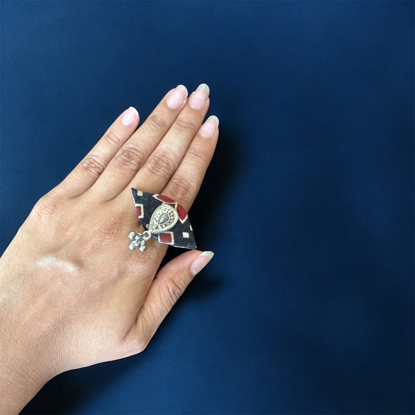Handmade Ajrakh Print Eye‑Shaped Ring with Oxidised Beads – Artisan Statement Jewelry