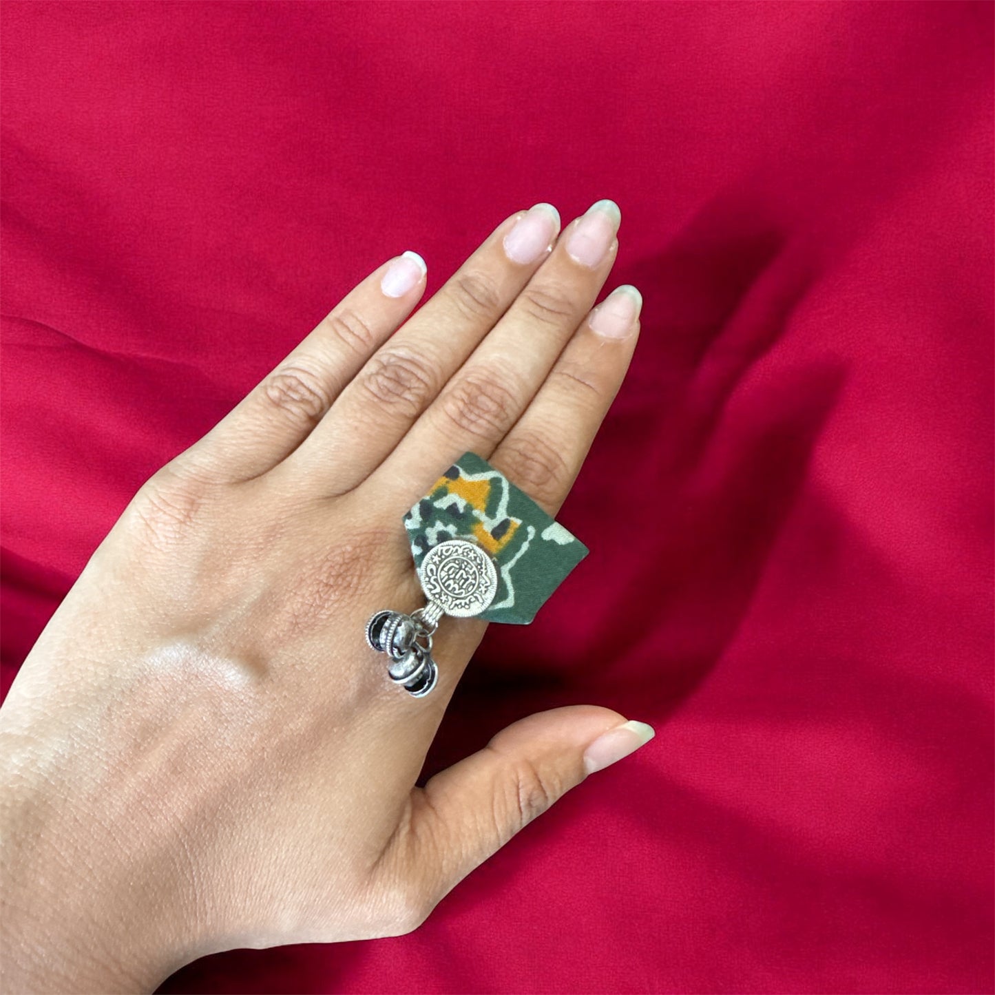 Handmade Ajrakh Print Ring with Oxidised Beads