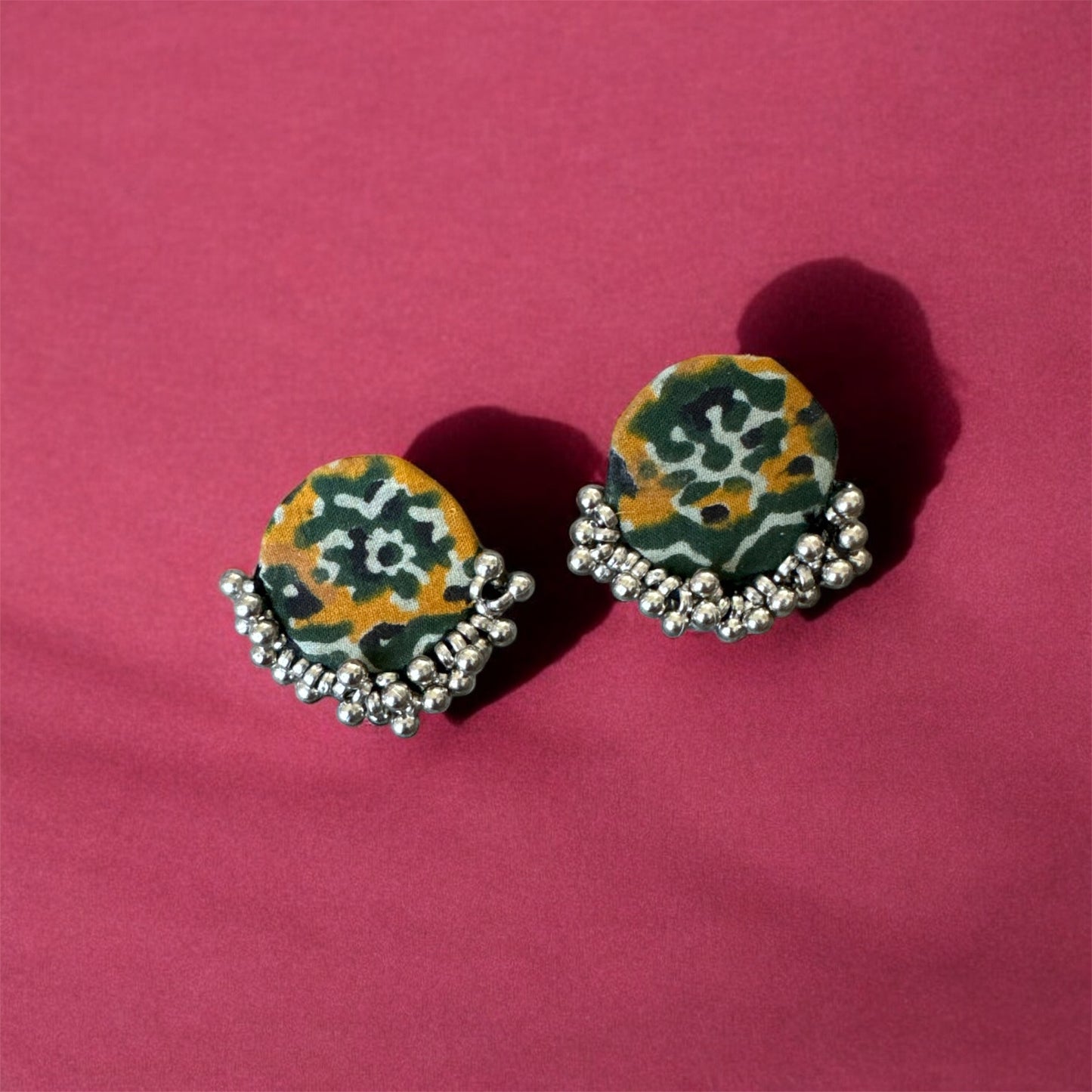 Handmade Ajrakh‑Print Earrings with Oxidised Bead Fringe