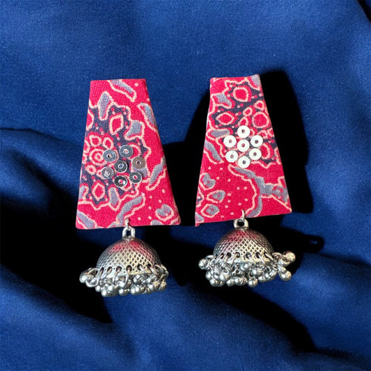 Handmade Ajrakh‑Print Oxidised Jhumka Earrings with Rustic Bead Accents