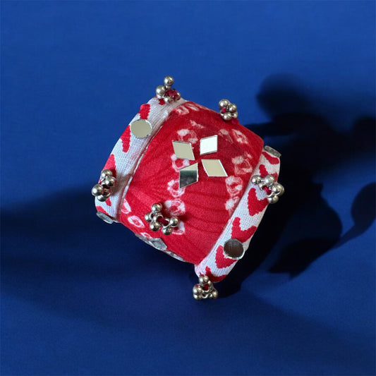 Handmade Oxidised Ajrakh‑Print Kada Bracelet with Mirror & Ghunghroo Charms