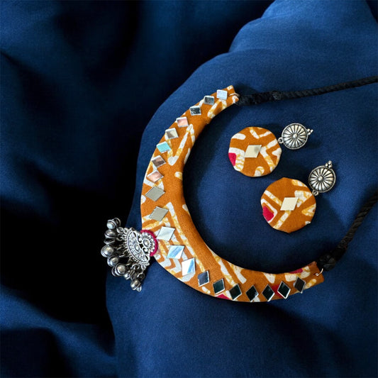 Handmade Mustard Ajrakh Necklace & Earrings Set with Mirror Work