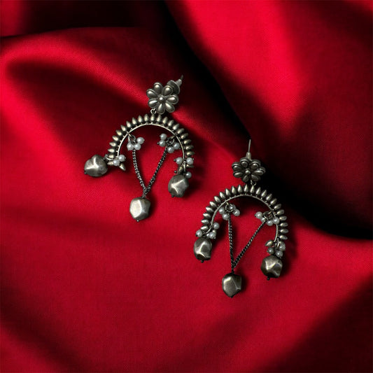Trending Oxidized Chandbali Earrings with White Pearls & Natural Beads