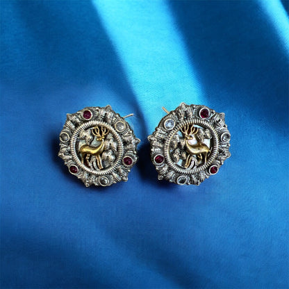 Oxidized Stone Stud Earrings with Golden Deer – Traditional Indian Studs