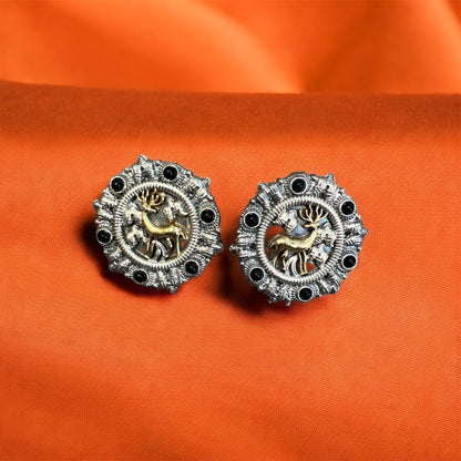 Oxidized Stone Stud Earrings with Golden Deer – Traditional Indian Studs