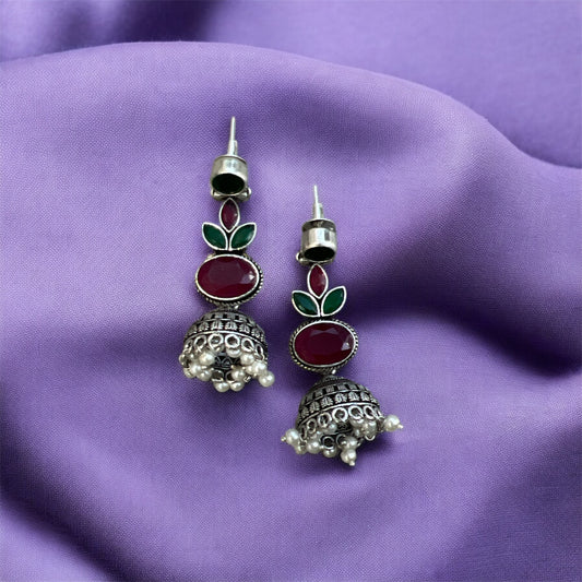 Oxidized Stone & White Pearl Jhumka Earrings