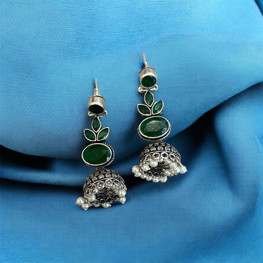 Oxidized Stone & White Pearl Jhumka Earrings