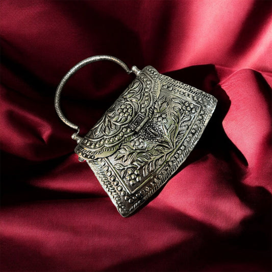 Artisan Square-Base Metal Clutch – Hand-Engraved Silver Boho Evening Bag