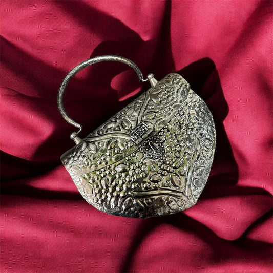 Artisan Engraved Leaf Clutch – Hand-Hammered Silver Metal Evening Bag