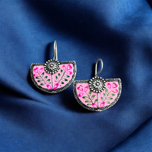 Delicate Pink Flower Dangle Earrings - Unique Half-Round Design