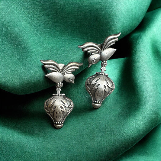 Statement Oxidized Dangle Earrings: Pot with Perched Bird Design