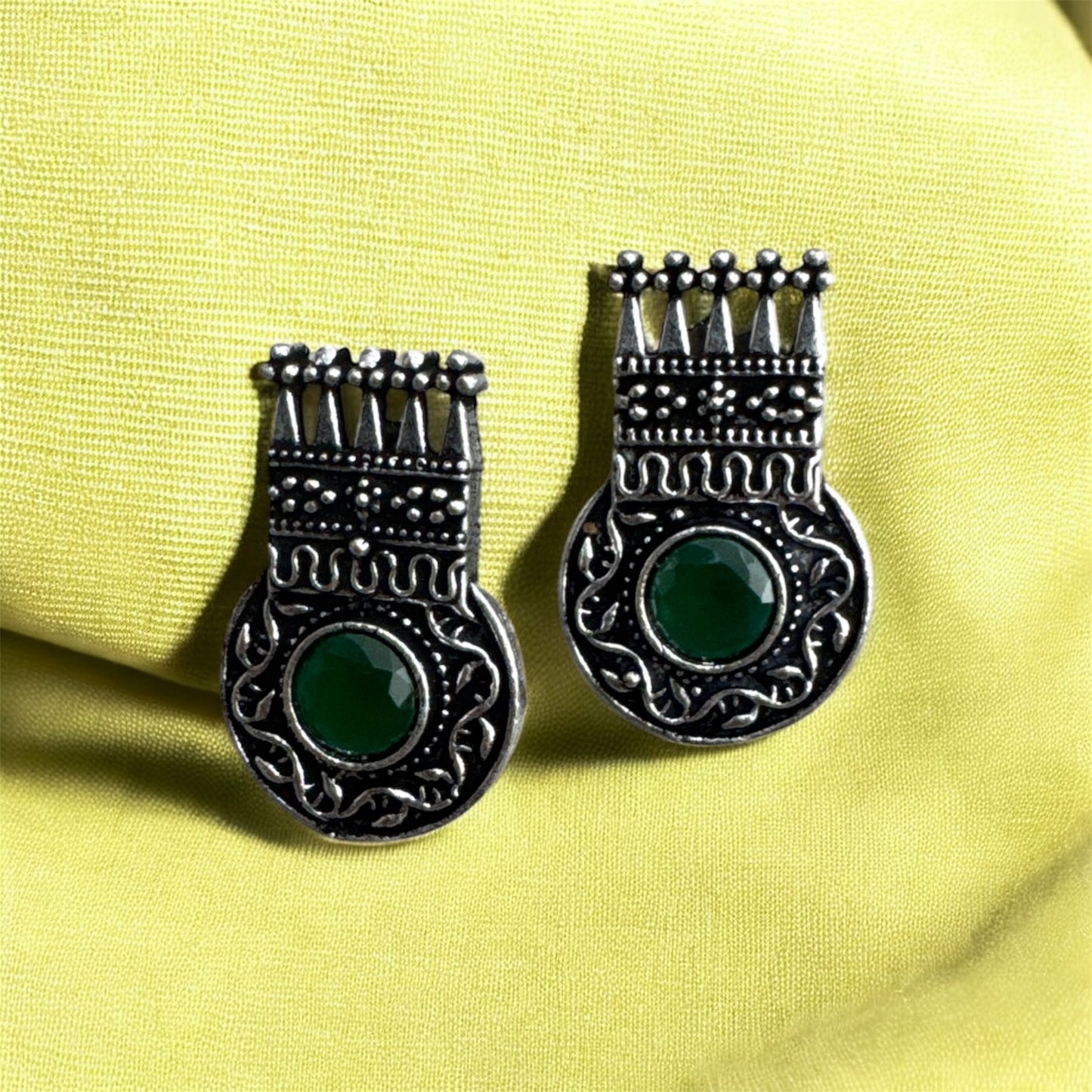 Elegant Oxidized Silver Stud Earrings with Green/Black/Pink Peridot - Timeless Vintage Design