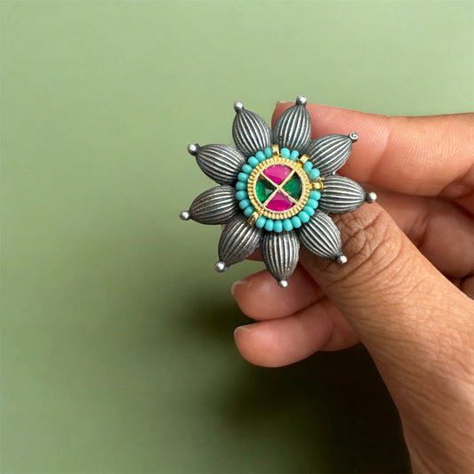 Multicolor Kundan Flower-Shaped Oxidized Ring - Regal Bohemian Statement