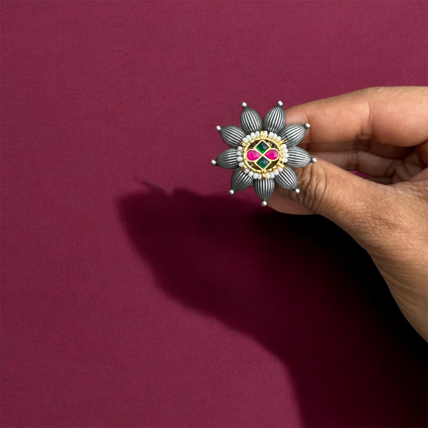 Multicolor Kundan Flower-Shaped Oxidized Ring - Regal Bohemian Statement