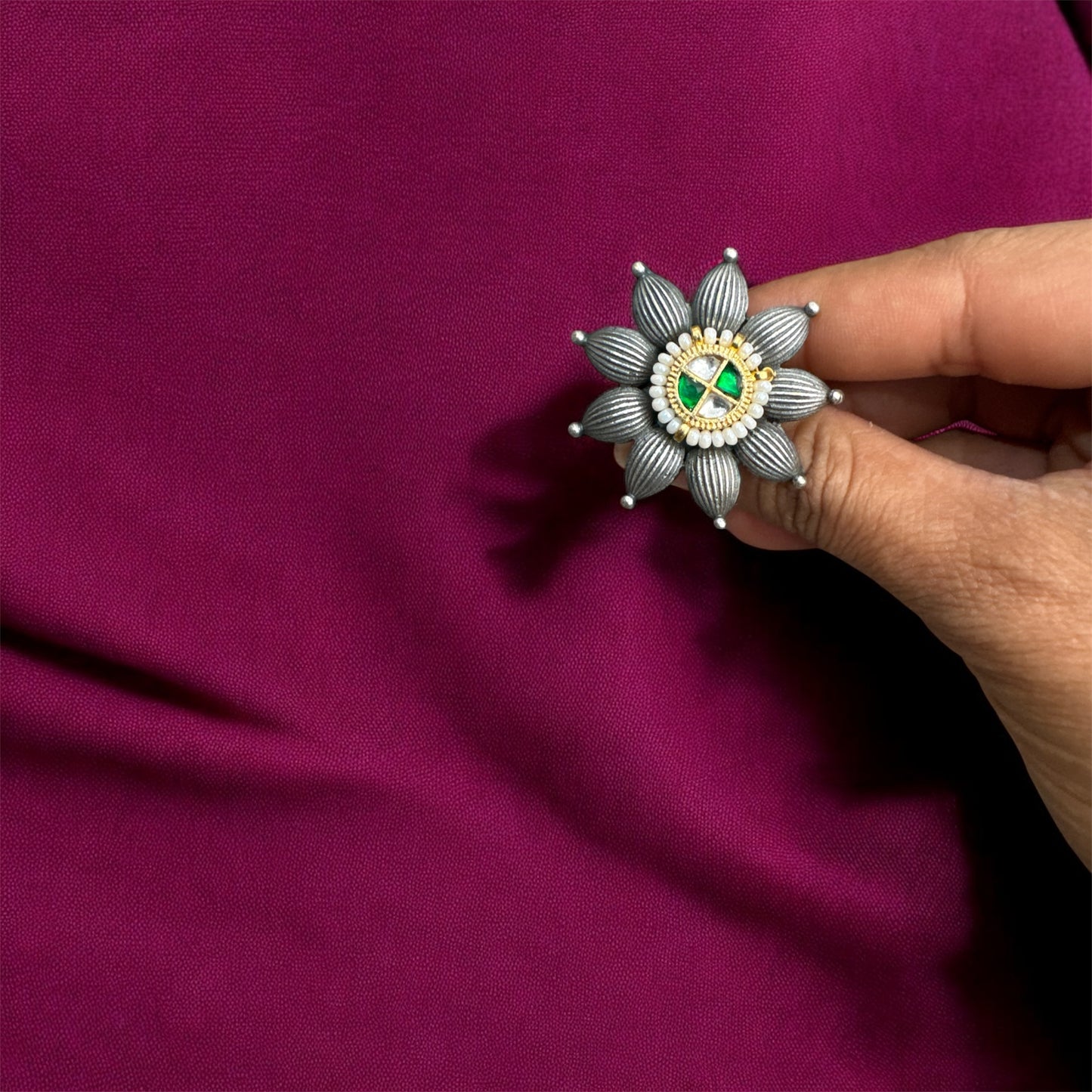 Multicolor Kundan Flower-Shaped Oxidized Ring - Regal Bohemian Statement
