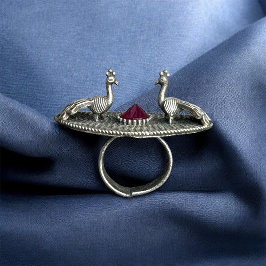 Oxidized Peacock Ring with Diamond-Shaped Stone - Regal Bohemian Elegance