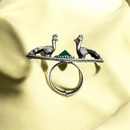 Oxidized Peacock Ring with Diamond-Shaped Stone - Regal Bohemian Elegance