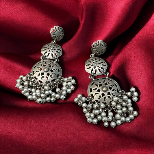 Oxidised Triple-Round Earrings with Bead Drops